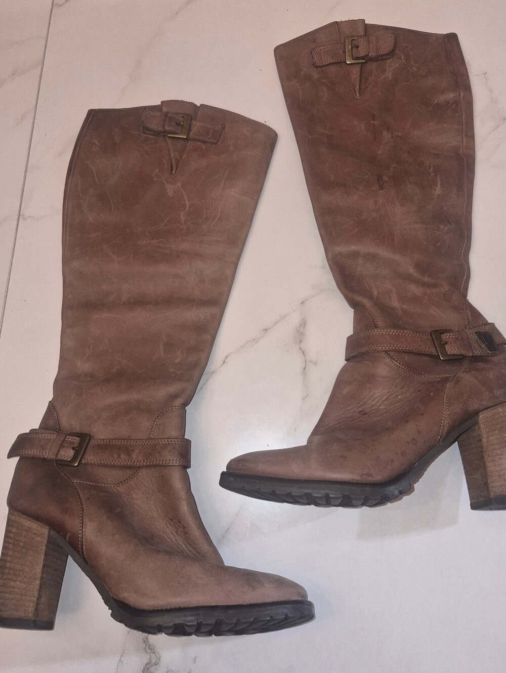 Women's Brown Leather High Shaft Block Heel Riding Boots